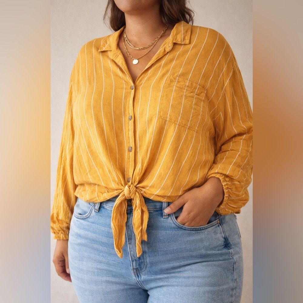American Eagle XL Mustard Stripe Tie Front Button Blouse Boho Viscose